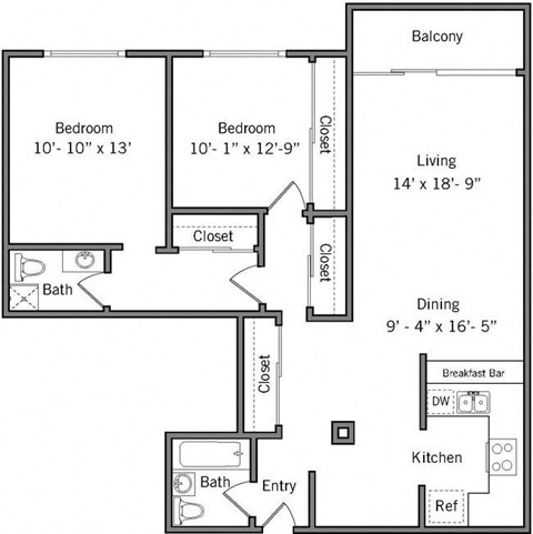 Floor plan for 2 beds, 2 baths, 1107 sqft